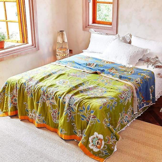 VANJOROY Boho Throw Blanket 50" x 60", 100% Organic Cotton Breathable Ultra Soft Bed Quilt Throw - All Season Luxury Floral Farmhouse Decor Blanket for Sofa Couch Chair and Gift. Green/Blue