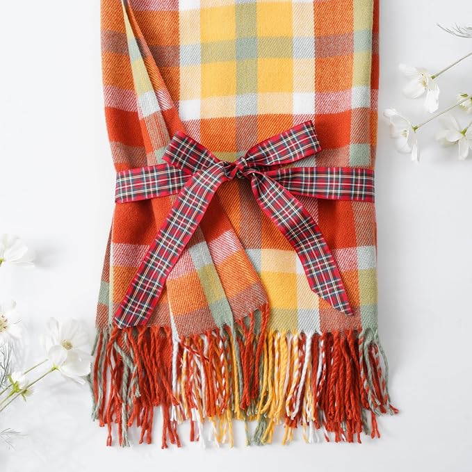 Fall Plaid Throw Blanket for Couch, Orange Plaid Blankt 50"x60", Fall Decor | Burnt Orange Throw Blanket, Soft Decorative Woven Blanket with Tassels, Rustic Farmhouse Style Blanket Throw for Bed Sofa