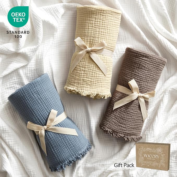 WDCOZY 100% Cotton Muslin Blanket King Size 4-Layer for Bed Breathable Lightweight Soft Large Boho Farmhouse Linen Tassels Ruffle Gauze Blankets 108x90 Inches Brown Mocha Chocolate Coffee Taupe