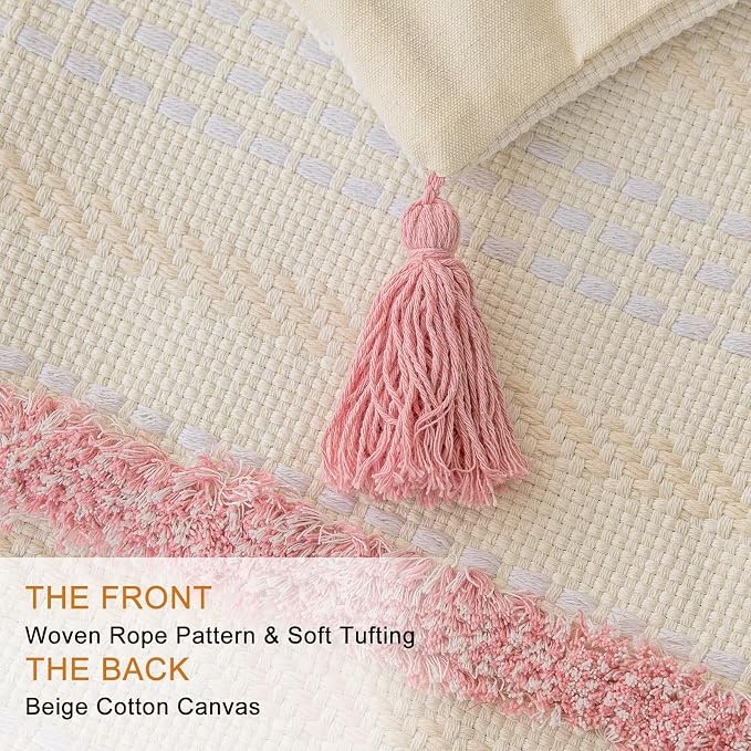 BUIOVBEY Boho Throw Pillow Covers Woven Tufted Pillow Cases with Tassels | Farmhouse Pillow Covers 12x20 Set of 2 Textured Striped Cushion Case Neutral Decorative Pillowcase for Sofa Couch Bed Pink