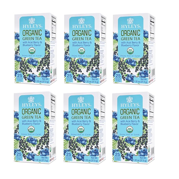 HYLEYS Organic Green Tea, Acai Berry and Blueberry Flavor, 150 Individually Wrapped Tea Bags (6 Pack of 25) - USDA Organic - Kosher & Vegan
