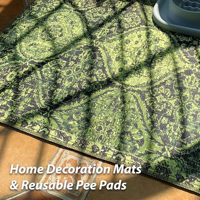 nunubaby Washable Pee Pads for Dogs, Stylish, Non-Slip and Leak-Proof Pee Pads. Reusable Potty Pads for Dogs for Crates and Floors.(Green/Multi,36" x72" )