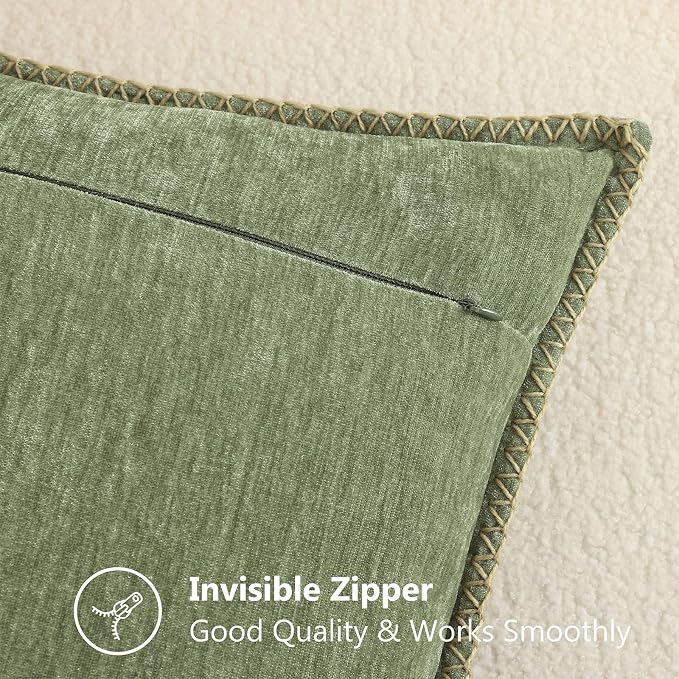 decorUhome Soft Chenille Throw Pillow Covers 20x20 Set of 2 Olive Green | Fall Textured Decorative Throw Pillow Cases Stitched Edge Modern Farmhouse Luxury Boho Velvet for Couch Sofa Bed Home Decor