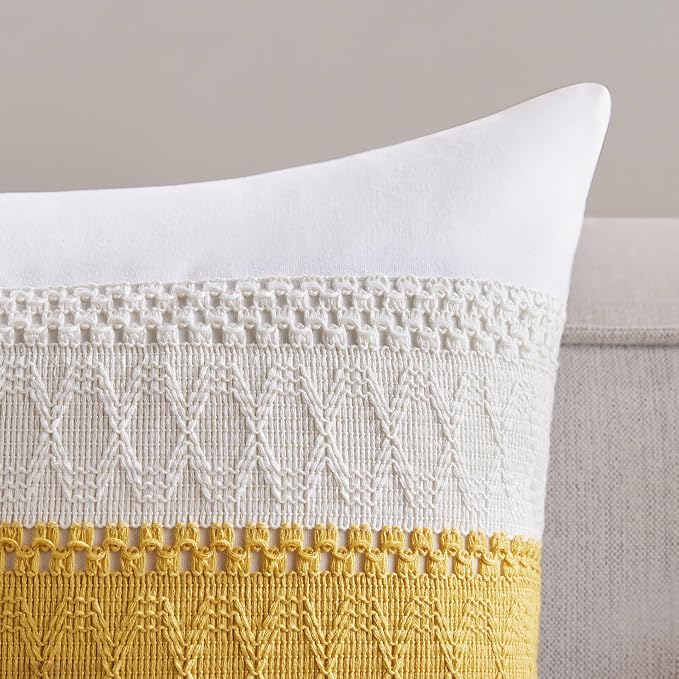2pk Boho Pillow Covers 18x18, Natural White/Contrast/Mustard Yellow | 100% Organic Cotton Body, Stripe Embroidery, Farmhouse Decorative Cushion Covers for Sofa Bed Living Room Home Decor