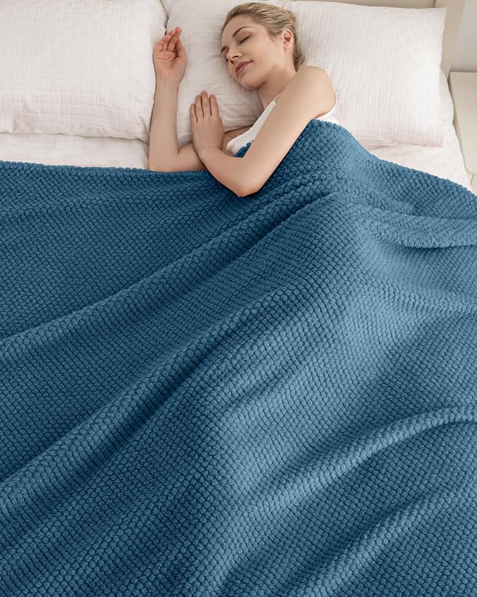 Blue Soft Fleece 300GSM Large Queen Blanket for Couch Cozy Flannel Room Decorative Blankets, Lightweight Plush Blanket for Bed Sofa, 90x90