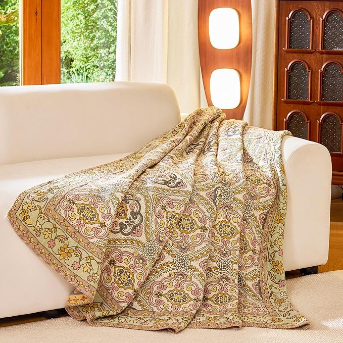 VANJOROY Boho Throw Blanket 80" x 90", 100% Organic Cotton Breathable Skin-Friendly Ultra Soft Bed Quilt Throw - Floral Rustic Decor Luxury Reversible Blanket for Sofa Couch Chair and Gift,