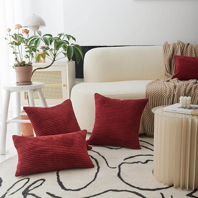 Home Brilliant 12x20 Pillow Cover Decorative Lumbar Throw Pillow Striped Corduroy Throw Pillow Case Oblong Cushion Cover for Chair, 12 x 20 inch, Burgundy