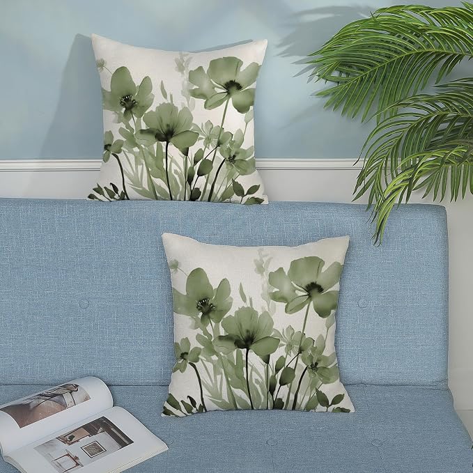 Spring Floral Pillow Covers 18x18 Inches Set of 2,Sage Green Floral Throw Pillow Covers Outdoor Summer Flower Decoration Pillowcase Farmhouse Decorative Square Linen Cushion Cover For Home Sofa