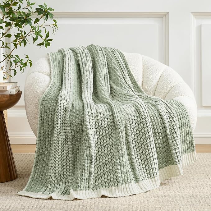 Checkered Chenille Throw Blanket, Soft Cozy Luxury Classic Knitted Blanket for Sofa, Couch, Bed, Living Room, Lightweight Warm Home Decor (Two-Tone Sage Green, 60" X 80")
