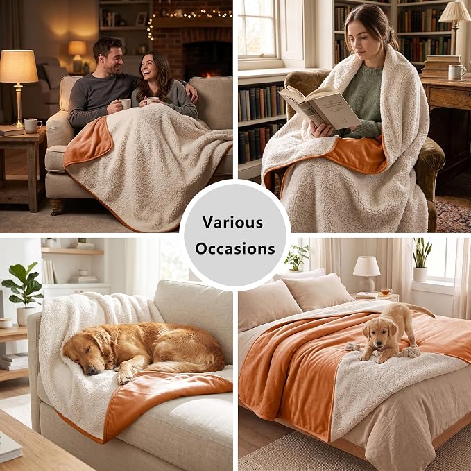 Waterproof Blanket for Dogs - Pet Throw as Furniture Protector | Cozy Sherpa & Smooth Velvet, Reversible and Machine Washable, for Couch, Bed, or Travel, 25"x35", Orange