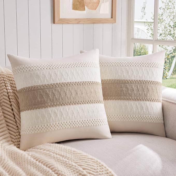 2 Pack Boho Throw Pillow Covers, Contrast Taupe 16x16in | Soft Breathable Cotton, Farmhouse Decorative Couch Pillow Cases, Cushion Covers for Sofa Bed Living Room Home Decor