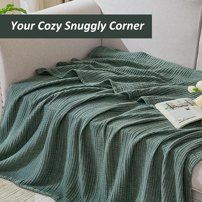 EMME Cotton Muslin King Blanket Breathable Gauze Soft Lightweight Blankets Adults Gifts for Women (Heather Forest Green, 108"x90")
