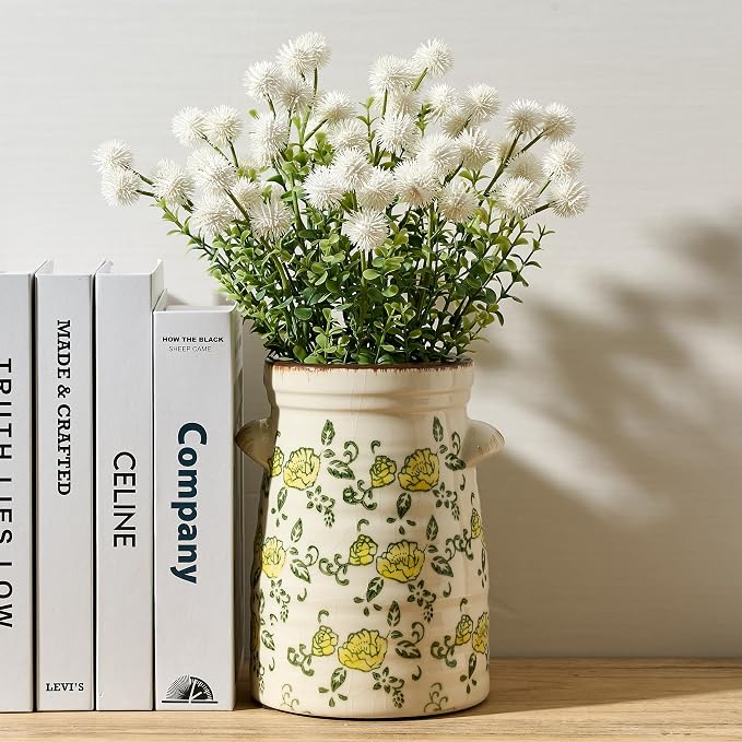 SIDUCAL Ceramic Rustic Vase with 2-Ear, 7.6 Inch Ice Cracked Vintage Pastoral Vase, Rustic Farmhouse Vases for Home Decor, Table, Living Room, Shelf Decor, Chinoiserie Decor, Yellow Rose Pattern