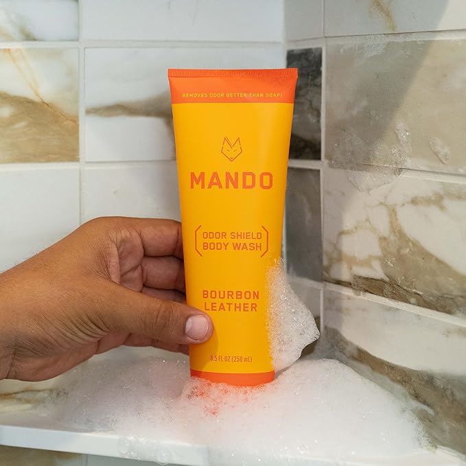 Mando Smooth Solid Stick (2.6 Ounce) + Acidified Body Wash (8.5 Ounce) - Clinically Proven to Block Odor All Day - Whole Body Safe For Pits, Packages + Feet (Bourbon Leather)