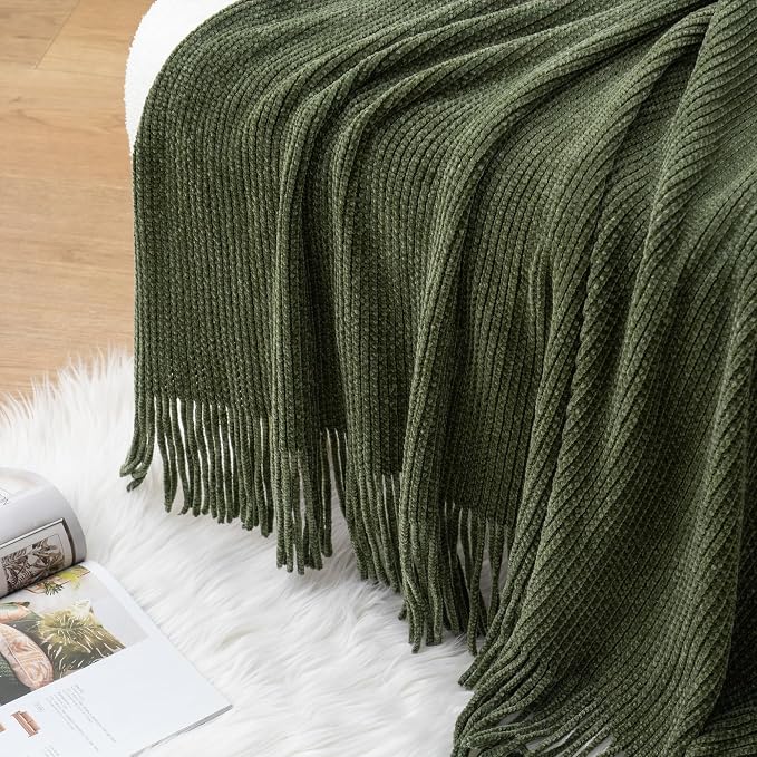 BATTILO HOME Olive Green Throw Blanket for Couch, 60"x80" | Soft Chenille Knit Throws with Tassels for Home Decor, Dark Green Blankets and Throws for Bed Couch Cover