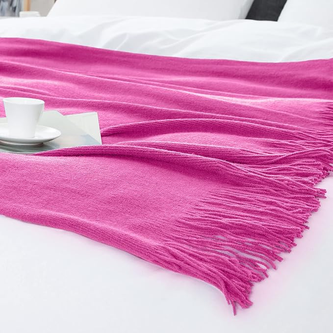 Vonty Hot Pink Knitted Blanket with Tassels Fringe 60" x 80", Super Soft Knit Throw Blanket, Farmhouse Decorative Lightweight Blanket for Couch, Sofa, Bed | Super Soft And Lightweight, Year-Round Cozy Warmth, Farmhouse Decorative Style, Machine Washabl...