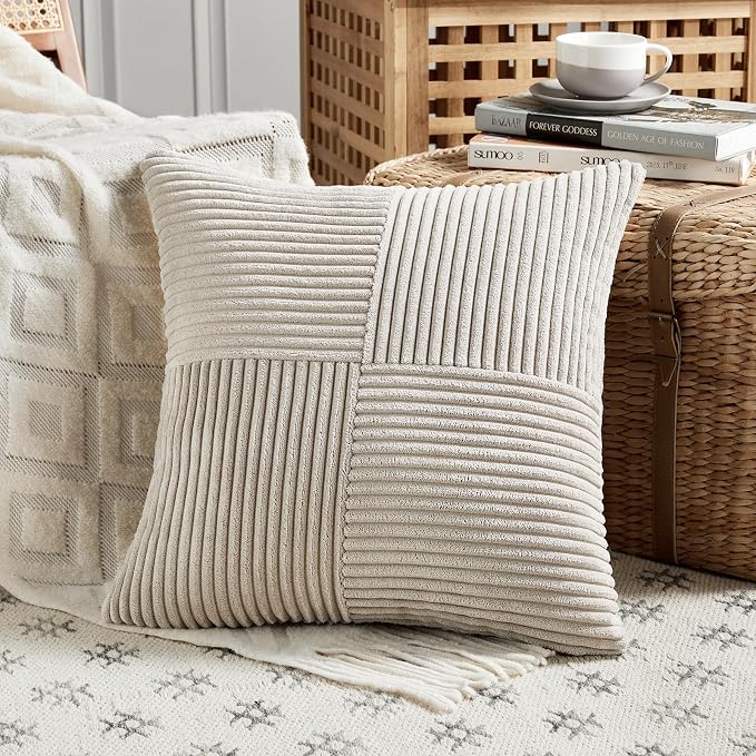 Fancy Homi Neutral Taupe Decorative Throw Pillow Covers 22x22 Inch for Living Room Couch Bed Sofa, Rustic Farmhouse Boho Home Decor, Soft Corss Corduroy Patchwork Accent Cushion Case 55x55 cm