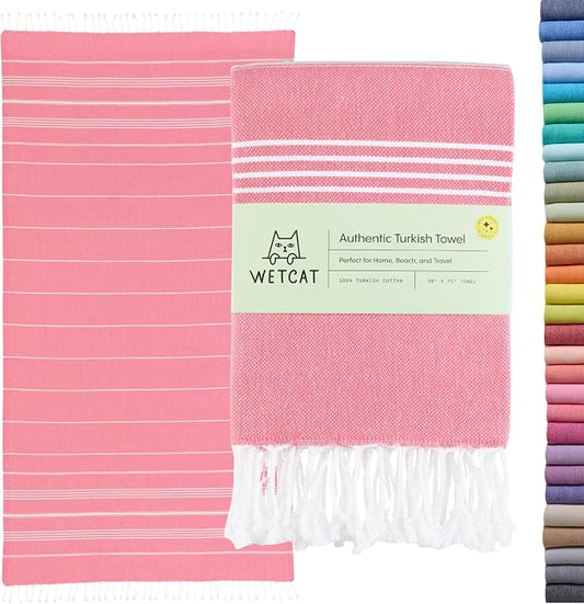 WETCAT Turkish Beach Towel Oversized (38"x71") 100% Turkish Cotton, Made in Turkey - Sand Free, Extra Large, Ultra Soft, Quick Drying, Compact & Lightweight for Travel - Pink