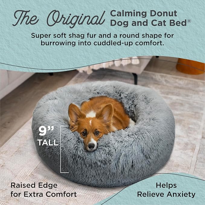 Best Friends by Sheri Original Calming Donut Dog Bed, Gray, Small, 23" | Machine Washable, Shag Faux Fur, Orthopedic Support, Sense of Security, Water-Resistant Base, Small Dogs Up to 25 lbs