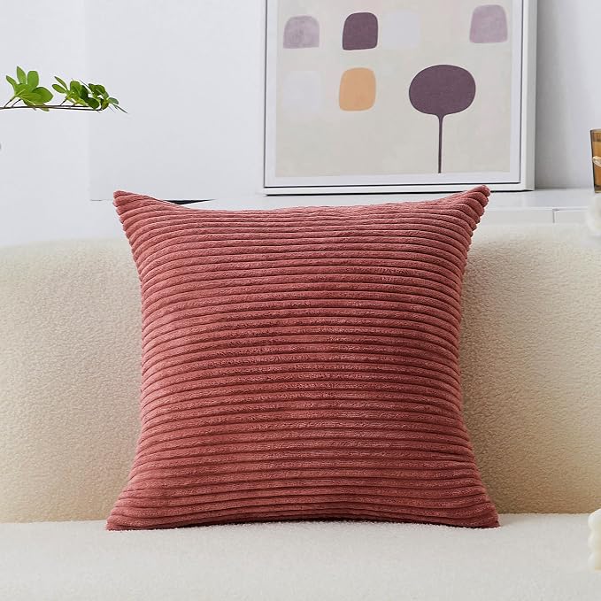 Home Brilliant Solid Striped Throw Pillow Cover Soft Decorative Pillow Cover 20x20 Corduroy Plush Pillowcase for Sofa Living Room Baby's Room, 20 x 20 inch (50cm), Dry Rose Pink