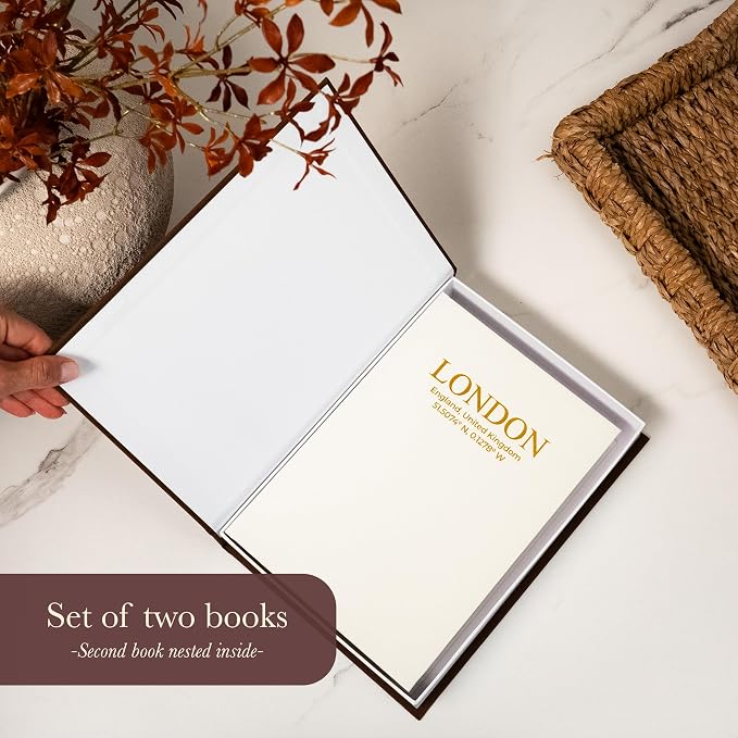 Decorative Books with Storage (Dark Brown/Beige) – Set of 2 Faux Linen Book Boxes with Gold Stamped Covers – Enhance Your Coffee Table, Bookshelf – Hidden Storage for Photos, Keepsakes, and Jewelry