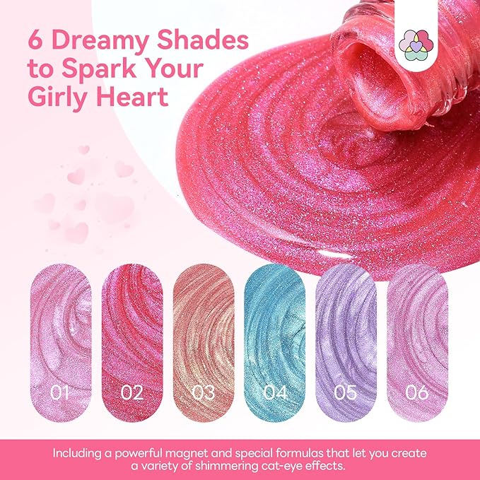 SAVILAND Valentine Nail Polish Set: Quick Dry 6 Colors Cat Eye Nail Polish Shimmer Romantic Pink Series Magnetic Cateye Fingernail Polish with Magnet Stick DIY Manicure Gift for Women Girls10ml