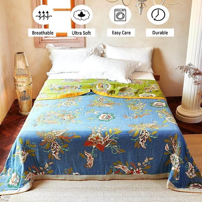 VANJOROY Boho Throw Blanket 50" x 60", 100% Organic Cotton Breathable Ultra Soft Bed Quilt Throw - All Season Luxury Floral Farmhouse Decor Blanket for Sofa Couch Chair and Gift. Green/Blue