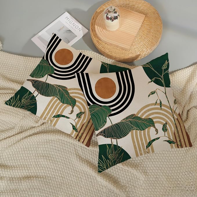 Boho Green Pillow Covers 18x18 Set of 2 Green Gold Leaf Tropical Mid Century Throw Pillows Outdoor Bohemian Modern Decorative Pillowcase Farmhouse Linen Cushion Case for Couch Sofa Decor