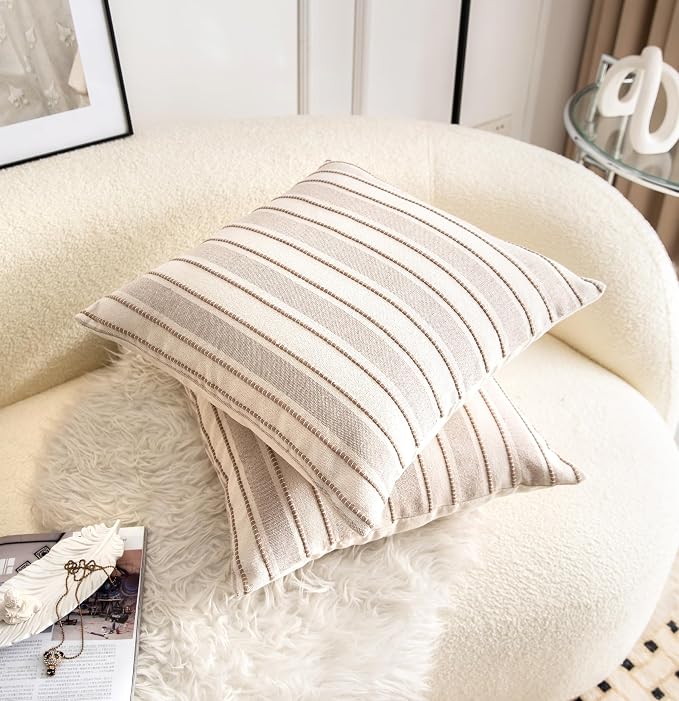 Cethom Decorative Boho Throw Pillow Covers, Farmhouse Textured Pillow Case, 20 x 20 Inch Set of 2, Chair Sofa Bedroom Living Room Home Decor Couch Cushion Case, Taupe and Beige Striped