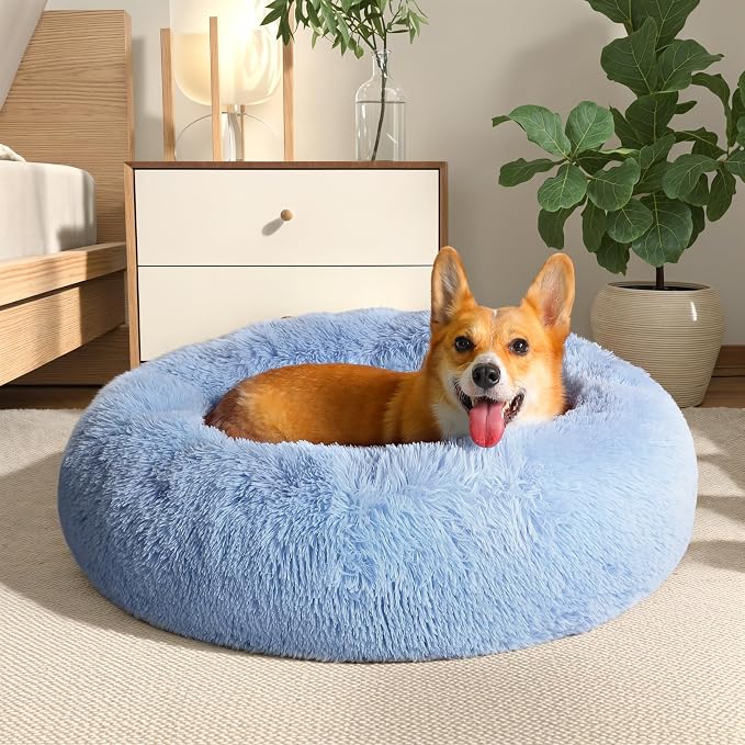 Western Home Calming Donut Medium Dog Bed Washable Pet Bed,30" Light Blue | Fluffy Faux Fur Round Cuddler,Anti-Anxiety,Anti-Slip Bottom,Plush Pet Dog Beds for Medium Sized Dogs,Up to 45 LBS
