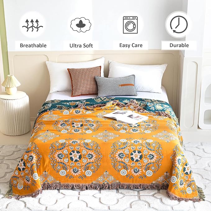 LUTBM Boho Throw Blanket for Bed 100% Cotton Soft Lightweight Quilt Reversible Summer Blanket Floral Embroidery Home Decor Bed Blankets,90"x98" All Season Blankets for Sofa Couch Chair