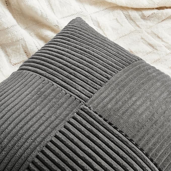 Fancy Homi Dark Gray Lumbar Decorative Throw Pillow Covers 20x28 Inch for Living Room Couch Bed Sofa, Farmhouse Home Decor, Soft Striped Corduroy Rectangle Accent Cushion Case 50x70 cm