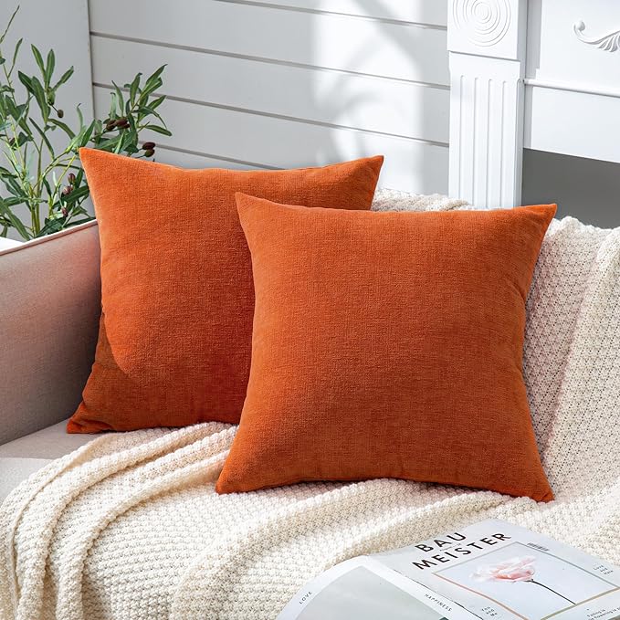 GAWAMAY Decorative Chenille Throw Pillow Covers 24x24 Inch Pack of 2, Soft Square Couch Pillow Cover for Sofa Cushion Living Room Bedroom Solid Dyed Pillowcases Burnt Orange 60x60cm (ONLY Covers)