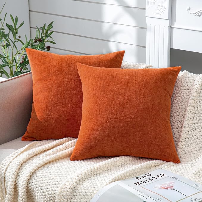 GAWAMAY Decorative Square Throw Pillow Covers 20x20 Inch Set of 2, Super Soft Chenille Pillows Farmhouse Fall Pillowcase for Living Room Bedroom Sofa Couch Cushion Cover Burnt Orange 50x50cm/20x20