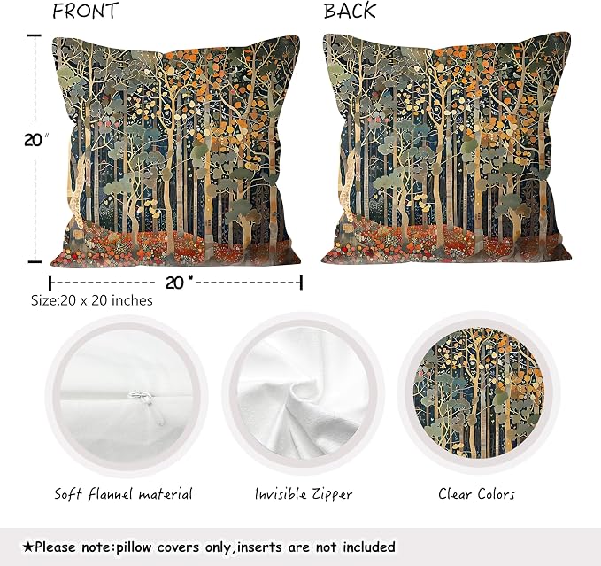 Rustic William Morris Inspired Autumn Forest Pillow Covers 20x20 Set of 4, Fall Home Room Decor, Vintage Botanical NatureDecorative Throw Pillow Covers for Home Bedroom Living Room