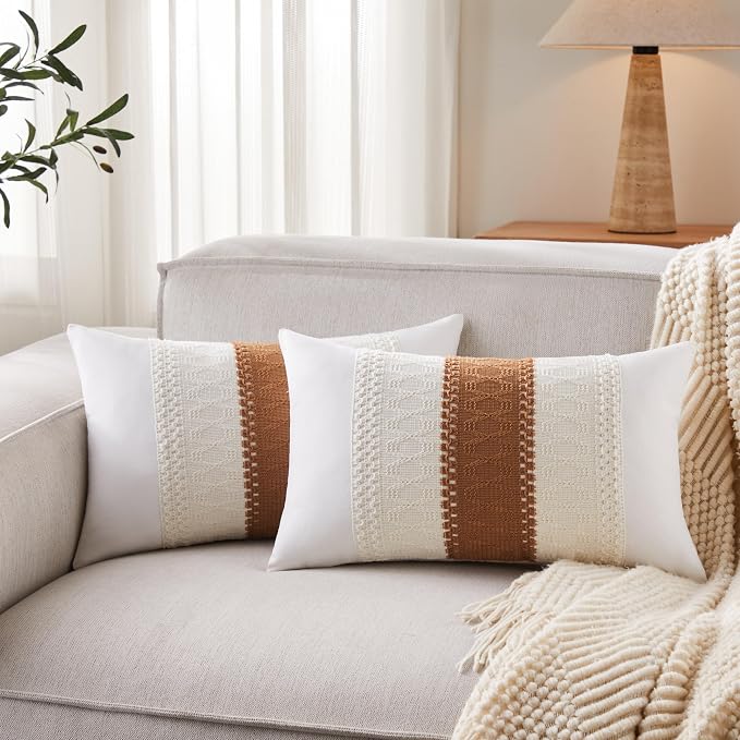2pk Boho Pillow Covers 12x20, Natural White/Contrast/Caramel | 100% Organic Cotton Body, Stripe Embroidery, Farmhouse Decorative Cushion Covers for Sofa Bed Living Room Home Decor