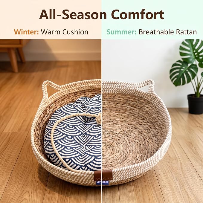 VIVIKIT Natural Cattail Cat Bed for Indoor Cats, 18.1" x 4.7" (Beige) | Naturalcattail, cotton trim, all season, scratch-proof, teaser ball, removable washable pad, for cats & dogs up to 22 lbs