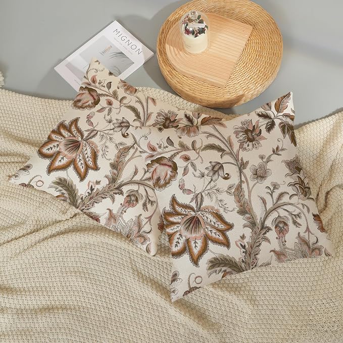 Brown Pillow Covers 16x16 Set of 2 Brown Chinoiserie Floral Throw Pillows Boho Vintage Flowers Decorative Pillow Cases Outdoor Chinoiserie Decor Farmhouse Linen Cushion Cover for Couch Sofa