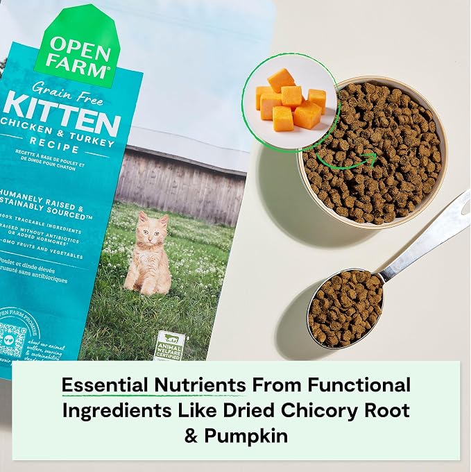 Open Farm Grain Free Dry Kitten Food, Turkey & Chicken Kibble, 4lb Bag | All Kittens, High Protein, Prebiotic Fibers, 100% Traceable Ingredients, Non-GMO Fruits & Veggies.