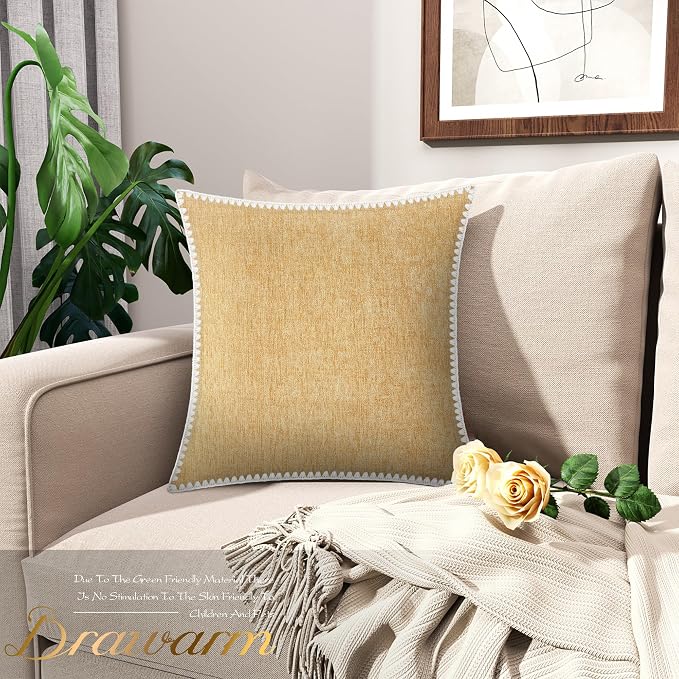 BRAWARM Chenille Throw Pillow Covers 22x22 Inches, Gold, 2 Pack | Decorative Pillow Covers with Shell Edge, Soft Cushion Cases for Sofa Bed Living Room Home Farmhouse (No Insert)