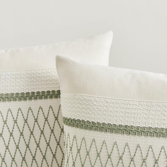 2 Pack Boho Throw Pillow Covers, Grid Green 20x20in | Soft Breathable Cotton, Farmhouse Decorative Couch Pillow Cases, Cushion Covers for Sofa Bed Living Room Home Decor