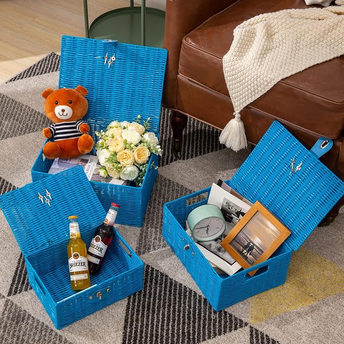 Set of 3 Woven Wicker Storage Basket Box with Lids & Lock, Built-in Carry Handles, Multifunctional Storage Organizer for Nursery, Baby, Clothes, Toys, Books, Large/Medium/Small Size (Blue)