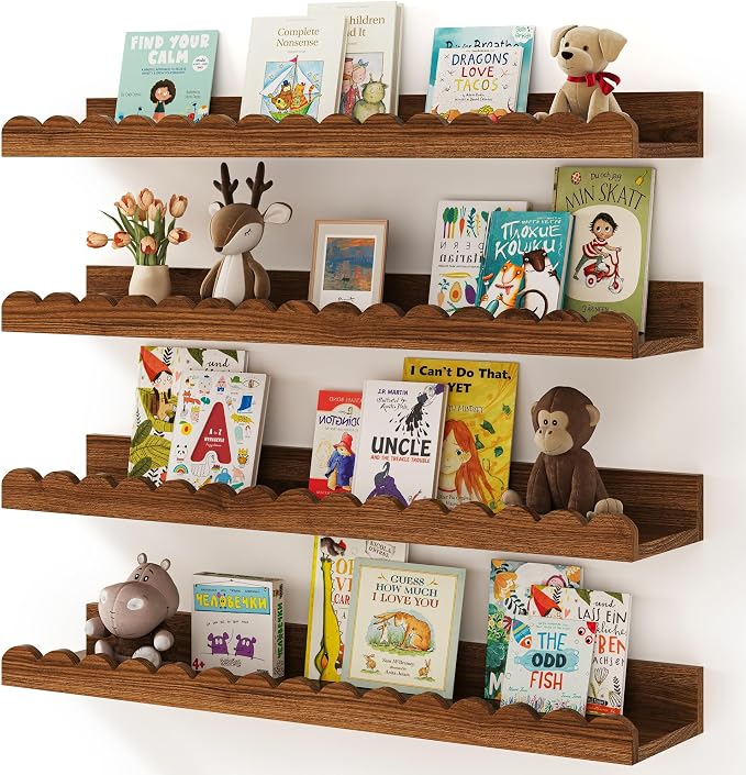 Shario Nursery Book Shelves, 4-Pack White Floating Shelves for Wall Kids, Scalloped Shelves, Wall Book Shelves for Bedroom Kids, Toddler Room, Baby Room, Nursery Decor