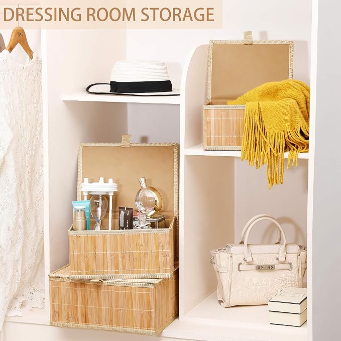 Honygebia Bamboo Decorative Storage Boxes - Set of 3 Woven Lined Storage Basket with Lids, Beige Wicker Lidded Baskets for Home Kitchen Shelf Organizer Decor