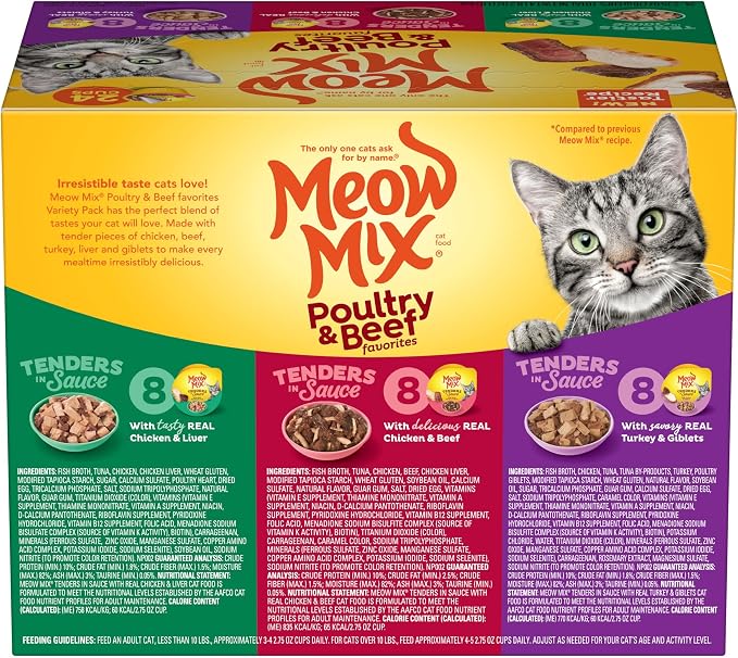 Meow Mix Poultry & Beef Favorites, Wet Food Variety Pack, 24 Cups
