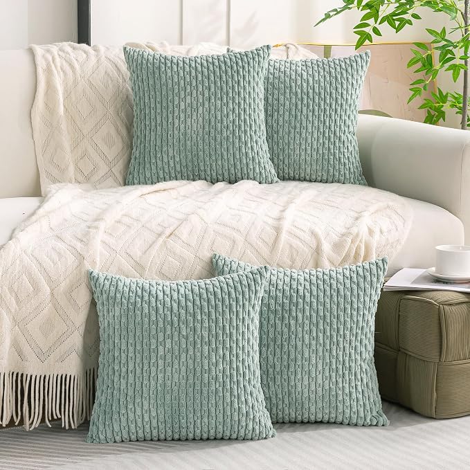 Set of 4 Aqua Decorative Throw Pillow Covers 16x16 Inch Corduroy Pillow Covers for Bed Couch Sofa Living Room Soft Square Cushion Cases