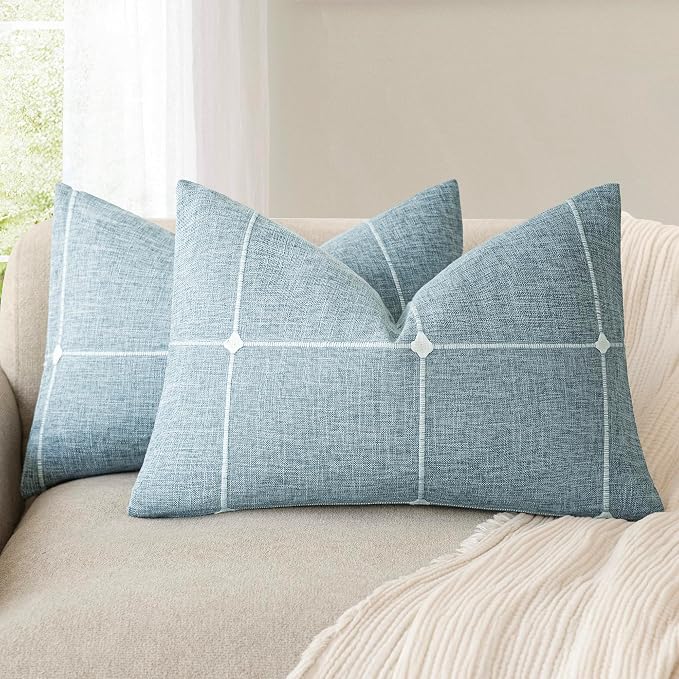 Foindtower Pack of 2 Decorative Faux Linen Jacquard Check Throw Pillow Covers Farmhouse Lumbar Cushion Cover with Grid Textured Accent Pillowcase for Couch Living Room Home Decor,12×20 Inch,Light Blue