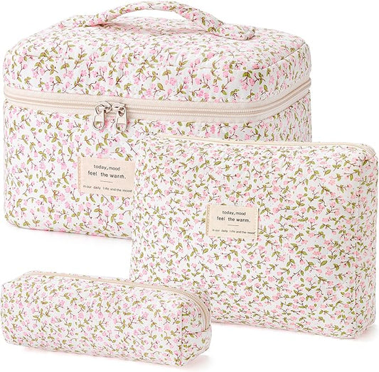 HBselect Quilted Makeup Bag, 3PCS Cotton Large Travel Makeup Bag, Cute Floral Coquette Make up Bag Cosmetic Bag Toiletry Bag for Women Girls