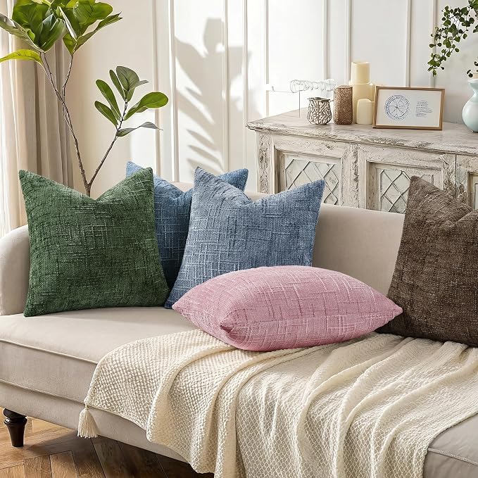 decorUhome Textured Chenille Throw Pillow Covers 16x16 Set of 2 Grey Blue | Fall Modern Farmhouse Soft Cozy Slubby Couch Pillow Cases Boho Decorative Pillow Cases for Bed Sofa Living Room Home Decor