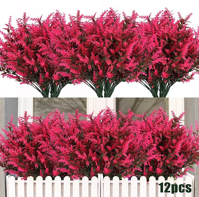 RECUTMS Artificial Flowers for Outdoor Decoration,Spring Pink Autumn Decor | 12Pcs,UV Resistant Fall Faux Outdoor Plastic Greenery Shrubs Plants Artificial Fake Flowers Hanging Planter Home Garden Decor